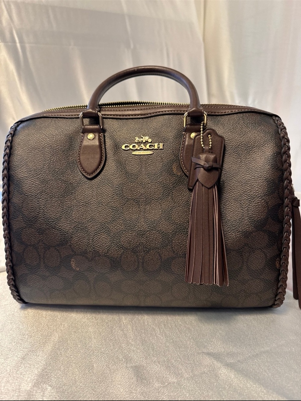 Coach Large Braided Rowan Brown Signature Satchel with Tassel